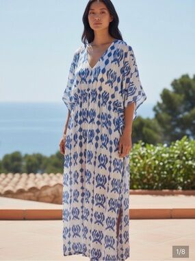 Cost Plus World Market Blue and White Ikat Maxi Caftan Cover Up Maxi Dress